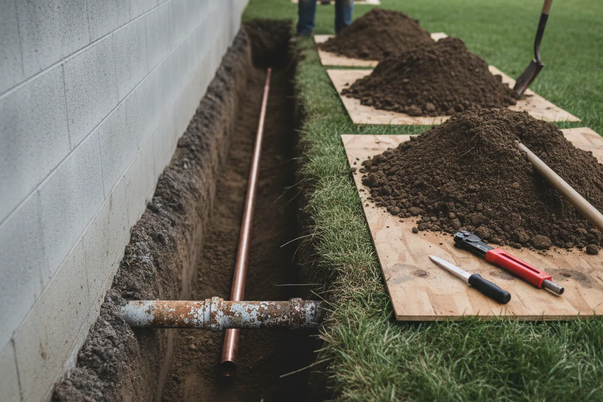 Excavated water line trench during Sewer Line Repair in Parker Dam